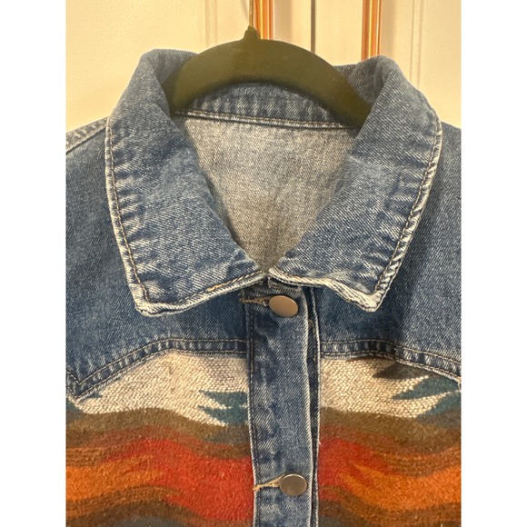 Vintage Southwestern Blanket Panel Denim Jacket Western Aztec Medium Wash read - Picture 4 of 11